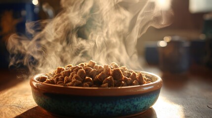 Wet pet food in ceramic bowl. Cozy home kitchen