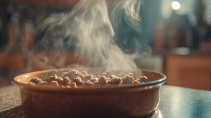 Wet pet food in ceramic bowl. Cozy home kitchen