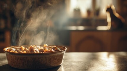 Wet pet food in ceramic bowl. Cozy home kitchen