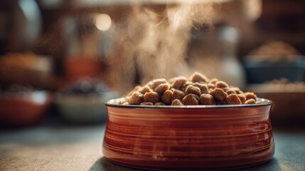 Wet pet food in ceramic bowl. Cozy home kitchen