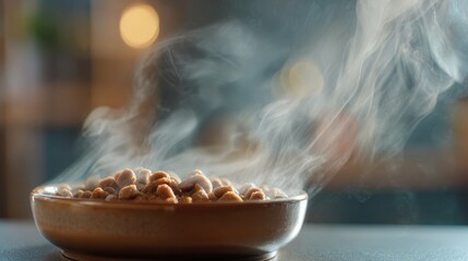 Wet pet food in ceramic bowl. Cozy home kitchen