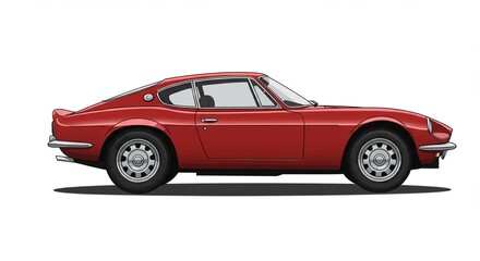 Naklejka premium A red sports car on a white background showing detailed vector of a red classic sports car from the 1960s, side view, on white background