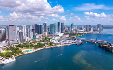 Downtown Miami Florida Skyline Aerial View with Skyscrapers and Waterfront on a Sunny Day.