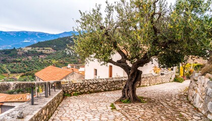 A winding cobblestone path leads through a picturesque village nestled amongst rolling hills, with an ancient olive tree casting shade.