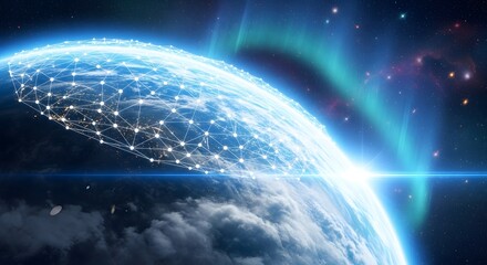 Pemandangan bumi yang menakjubkan dengan jaringan global yang menghubungkan benua, sempurna untuk konsep teknologi dan inovasi