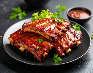 Delicious glazed ribs on a plate