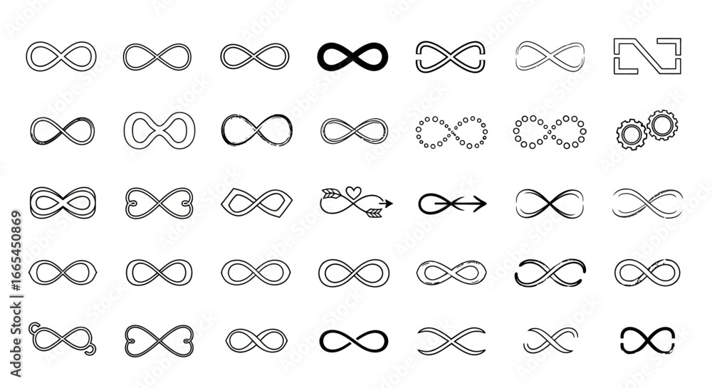 Poster collection of various infinity symbols in different styles and designs for graphic design use