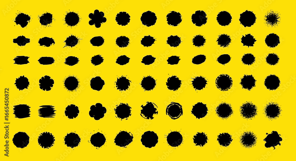 Poster large collection of black grunge circles and textured ink blots. abstract set of distressed paint sp