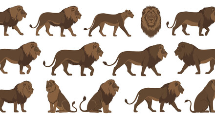 Obraz premium Comprehensive set of lion vector illustrations, featuring a male lion with a full mane and a lioness in different dynamic and static poses