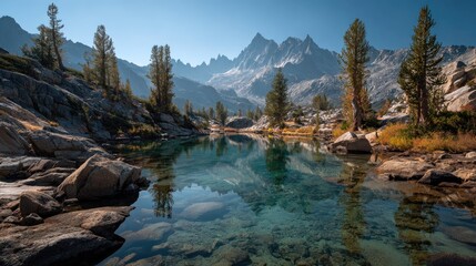 Mountain lake reflecting peaks. Crystal-clear water mirrors granite peaks. Coniferous trees frame tranquil scene. Autumn colors