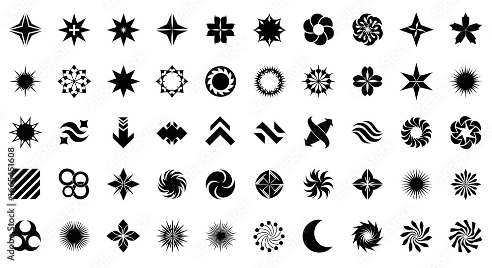 Poster collection of abstract star and circular emblems with unique geometric designs