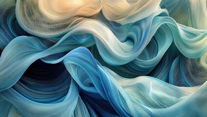 An abstract composition of swirling patterns and fluid shapes, with shades of blue and green creating an otherworldly landscape. The background features undulating hills in earthy tones