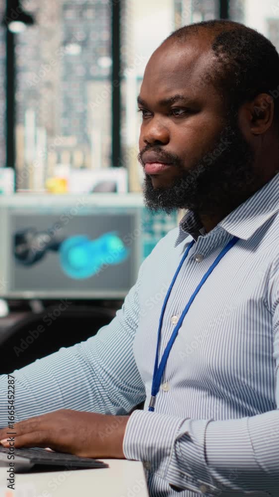 Poster engineer in office working on power lines pole cad design to develop technology improving environmen