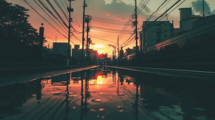 Urban sunset reflected in a puddle, city silhouettes