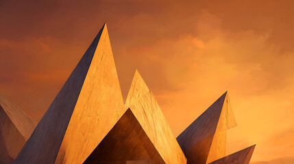 Modern architectural masterpiece with sharp peaks under a glowing sunset in a serene urban environment Generative AI