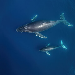 Fototapeta premium Humpback whale swimming alongside its calf, serene underwater scene, soft natural lighting, breathtaking fine art marine photography, ultra-realistic details, National Geographic quality 