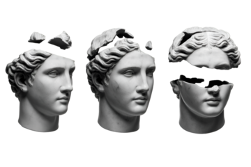 Three fragmented marble busts of a woman against black