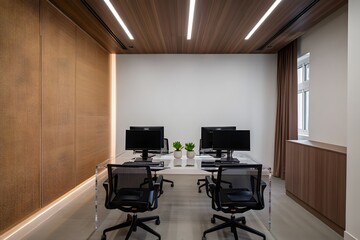 Modern office interior with two computer workstations and stylish textured wall