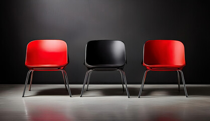 Obraz premium Minimalist photo of three modern chairs, two red and one black, placed against a dark wall, symbolizing design, choice, individuality, interior decoration and stylish contemporary furniture.