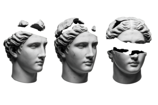 Three fragmented marble busts of a woman against black