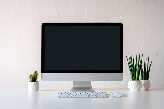 Modern desktop computer setup with keyboard and decorative plants on a white desk - Powered by Adobe