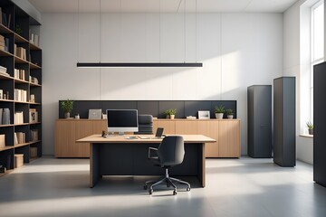 Modern home office with a large bookshelf desk computer and comfortable chair bathed in natural light