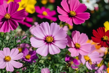 Obraz premium Vibrant cosmos flowers in various shades of pink, purple, red, and yellow