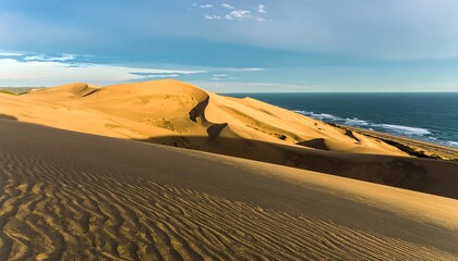 Vast sand dunes meet a vast ocean under a brilliant sky, showcasing the beauty of nature's sculpted landscape.