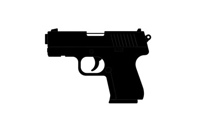 A straightforward silhouette of a handgun, sharply defined against a white background.