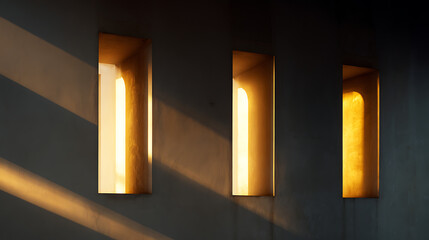 Warm light filtering through narrow windows in a minimalist interior creates a serene atmosphere at sunset Generative AI
