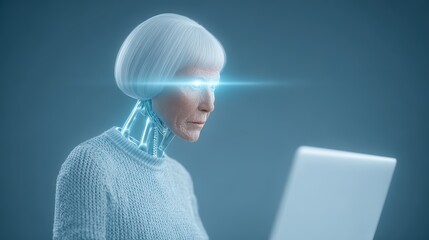 Futuristic Senior Robot Woman using Laptop, AI Concept