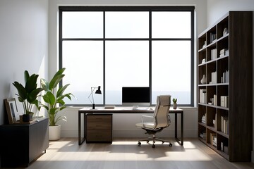 Modern home office with large window desk chair and bookshelf filled with books