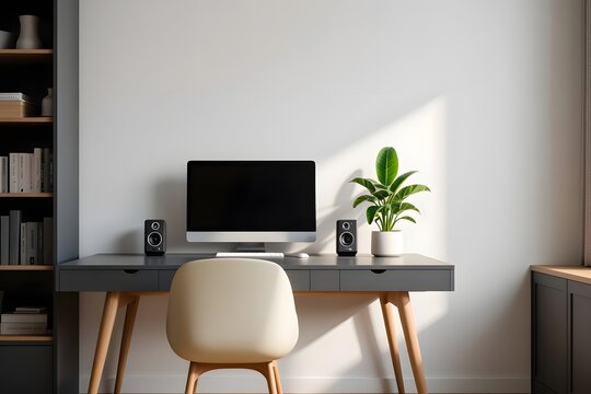 Modern home office setup with a computer desk chair plant and natural light streaming in