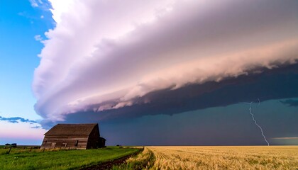 A dramatic storm cloud hovers over a weathered farmhouse in a golden wheat field, illuminated by a powerful lightning strike.
