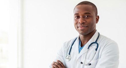 Confident Black Male Doctor Standing with Arms Crossed in Modern Medical Clinic