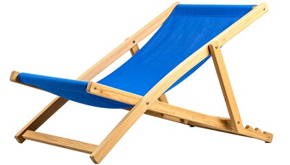 A light-colored wooden beach chair with a vibrant blue canvas seat and back is presented against a plain white background.