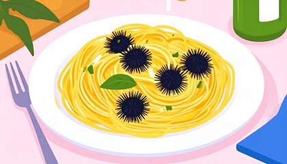 A vibrant illustration of a plate of pasta adorned with sea urchins, presented on a pastel pink surface.
