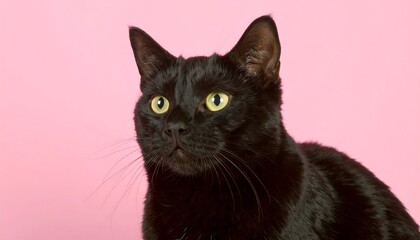 Close-up of a sleek black cat, head and shoulders, against a vibrant pink backdrop.  Its intense yellow eyes and inquisitive expression create a captivating image.