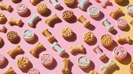 Premium pet treats arranged in circle pattern. Pastel colored background