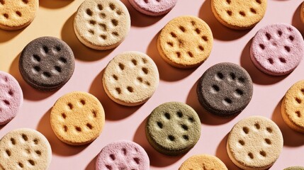 Premium pet treats arranged in circle pattern. Pastel colored background