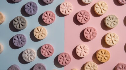 Premium pet treats arranged in circle pattern. Pastel colored background