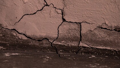 Extensive cracks crisscross a weathered light rose-toned wall, revealing a dark, stained base.