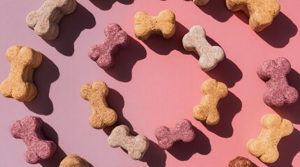 Premium pet treats arranged in circle pattern. Pastel colored background