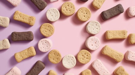 Premium pet treats arranged in circle pattern. Pastel colored background