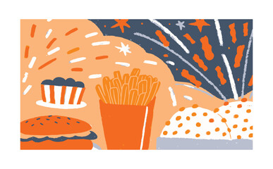 Vibrant fireworks exploding like doodles while transforming into tasty fast food items including burgers, fries, pizza, popcorn, and tacos.