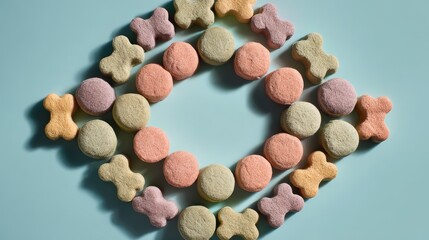 Premium pet treats arranged in circle pattern. Pastel colored background