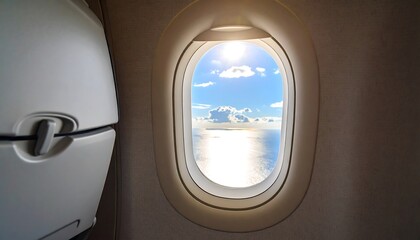 Airplane Window with Ocean View, and Sun.