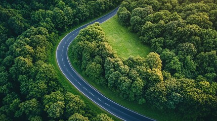 Fototapeta premium Winding road through lush green forest. High-angle view