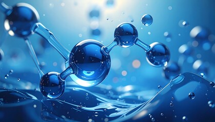 Abstract scientific background depicting a glowing blue molecule in a dynamic liquid