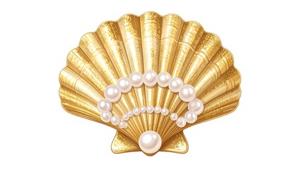 A golden seashell, adorned with lustrous pearls, displays intricate texture and rich tones against a simple white background.